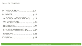 TABLE OF CONTENTS


      INTRODUCTION......................	p.4
      INSIGHTS................................. 	p.18
      	 ALCOHOL ASSOCATIONS..... p.19
      	 WHAT IS FOOD...................... 	p.24
      	 DISCOVERY............................ p.27
      	 SHARING WITH FRIENDS....... p.34
      	 PASSIONS.............................. p.38
      IDEATION................................ 	p.41

p.2                                         FOOD FOR THOUGHT: Discovery, SHARING, + Passions   Cook // Peterson // Radecki // Yin
 