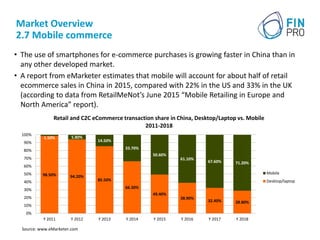 Market Overview
2.7 Mobile commerce
• The use of smartphones for e-commerce purchases is growing faster in China than in
any other developed market.
• A report from eMarketer estimates that mobile will account for about half of retail
ecommerce sales in China in 2015, compared with 22% in the US and 33% in the UK
(according to data from RetailMeNot’s June 2015 “Mobile Retailing in Europe and
North America” report).
98.50% 94.20%
85.50%
66.30%
49.40%
38.90%
32.40% 28.80%
1.50% 5.80%
14.50%
33.70%
50.60%
61.10%
67.60% 71.20%
0%
10%
20%
30%
40%
50%
60%
70%
80%
90%
100%
Y 2011 Y 2012 Y 2013 Y 2014 Y 2015 Y 2016 Y 2017 Y 2018
Retail and C2C eCommerce transaction share in China, Desktop/Laptop vs. Mobile
2011-2018
Mobile
Desktop/laptop
Source: www.eMarketer.com
 