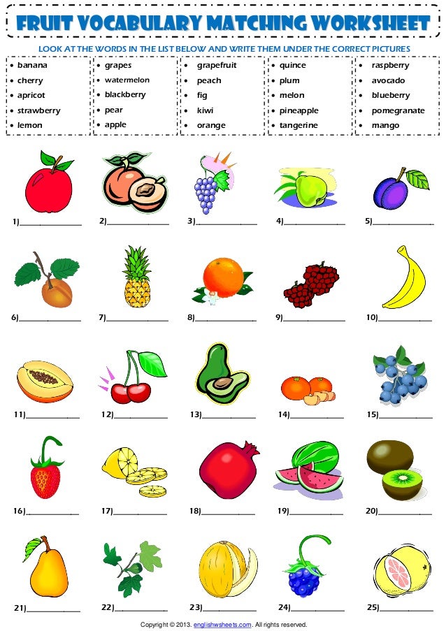 Food fruit vocabulary matching exercise worksheet