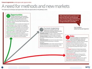 Risks
The practical challenges of coordinated planning
of land use will always pose a barrier, and
behaviours revert to short term supply and demand.
• Complexity Attempting to understand, define and reward
competing interests of land users may not reach a
satisfactory conclusion. Establishing a market can create
incentives, but it is difficult to design effectively to ensure
the correct signals that will generate net gains in natural
capital.
• Funding gap Designing and implementing landscape
programmes requires resources. When the beneficiaries
may be dispersed (or a public good), the case for private
sector investment is weak.
• Skilled coordinators Expertise on the ground from
coordinators who understand their key stakeholders is
essential but may not be readily available.
• Regulatory environment Regulations and tax regimes
may not align with coordinated approaches, and can
present barriers to development off new behaviours.
Current trajectory
Progression from ambition to action, with
implementation of landscape methods spreading
beyond water catchments to other land functions.
• Established methods In ten years, a range of methods will be
tested and implemented for different types of landscapes.
• Immature markets Emergence of markets for trading of
value between landscape stakeholders – but limited to simple
transactions.
• Measurable benefits Outcomes from early implementations,
providing data demonstrating impacts on landscape
stakeholders.
• Growing momentum A small number of food businesses roll
out these methods across their sourcing landscapes, raising
awareness across their producers and wider industry.
Opportunities
Successful implementation could remodel the
composition of land use patterns, with individual
actors rewarded for contributing to the common vision.
• Landscape leaders Major sourcing businesses step up as
‘land shapers’, helping to positively shape landscapes by their
procurement strategies.
• Functioning market Farmers and other land managers have
clear market signals in order to benefit from management
decisions that deliver greatest net gain from the landscape.
• Greater productivity The landscape is more productive for
food and other outputs, while enhancing the natural capital.
• Climate adaptation An integrated approach presents
opportunities to adapt to climate change co-operatively, with
greater potency than any single farmer acting alone.
• Improved relationships Partnerships between producers
and between sourcing businesses strengthen relationships
that lead to further collaboration and new innovations.
Aneedformethodsandnewmarkets
Future trajectories Landscape-scale opportunities
The trajectory for landscape-scale opportunities: Risks and opportunities on the pathway to 2025
Prof. Tim Benton,
Global Food Security Programme
“With rising demands to produce more
food from the land, and the growing
crises of climate change and biodiversity
loss, it is more important than ever to
manage landscapes sustainably.”
19 TOPICSMENU CONCLUSIONSCONTENTS
 