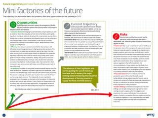 Current trajectory
Continued growth in global demand for livestock,
and associated requirement of feed, such as soy.
Pressure on production, fisheries and land assets directly
affects market for feed production.
• Volatility Traditional feed prices will fluctuate (as seen for
fishmeal), with direct knock-on effects on the cost of meat.
• Innovation drive Pressure on feed resources availability will
drive investment into new protein sources, with establishment
of commercial insect production and the breakthrough of
engineered solutions including protein from bacteria. Costs of
production and feed conversion ratios will dictate which new
protein sources predominate over time.
• Novel foods Western diets will incorporate insects to some
degree, in a similar way to the spread of sushi from Japan in
2000s , but the major growth will be for feed to livestock.
Risks
Future protein and feed sources will need to
operate at scale, and success relies upon a
dependable, safe, balanced system to support livestock that
depend on them.
• Health risks Real or perceived risks to human health pose
the greatest risks to the emergence of new protein sources.
Substrate materials used for rearing can be transferred to
protein products, and in turn into the food chain - but it is
vital that we avoid unintended consequences that seriously
disrupt the food chain such as those that caused the BSE
crisis. Risks to beware of could manifest as either another
significant contamination of our food system, or over-
zealous regulations that stifle investment and
commercialisation of novel protein sources. Aside from
direct consumption, high concentration of insects could
lead to other impacts, such as allergenicity for farm workers
or accidental releases to the local environment.
• Production failures Future reliance on intensive
production systems for animal feed will expose
vulnerabilities to large-scale production failures. Just as
viruses such as swine flu have decimated pig populations in
the past, so infections can spread rapidly and eradicate
entire populations under production.
• Burden-shifting Unintended consequences of ‘burden-
shifting’ such as high energy inputs (e.g. heat for insect
rearing) or water usage (e.g. for microalgae) could
undermine the resource efficiency of new production
systems. Similarly, competition for input resources (such as
for anaerobic digestors or into conventional animal feed)
could negatively affect both the new and established
industries.
Opportunities
If well-informed consumers support the emergence of flexible,
efficient production systems then future proteins can transform
diets for humans and livestock.
• Consumer demand Changing household habits and perceptions, as well
as evidence of nutritional quality as food and animal feed, could rapidly
transform the nature and scale of demand for novel protein sources. More
familiar but currently less popular plant-based proteins such as pulses and
nuts may also see a surge in consumption, in part due to consumer
awareness of livestock’s environmental impact. Where demand comes,
supply can swiftly follow.
• Efficiency In a resource-constrained world, the ideal solutions will
efficiently convert low-grade inputs to high-grade protein products. The
nutrient inputs to new protein production need to be drawn from low
value sources, such as mixed waste streams or digestate from anaerobic
digestors, and new protein could be reared using cooling water or low
grade heat from existing installations. Ideally, new protein production
systems could be deployed as modular units, situated near substrate
sources and workable at small and large scales. Improvements in feed
conversion rates across sectors will create more efficient protein both in
sea and on land.
• By-products The value of many novel proteins extends beyond food. For
insect production, in addition to protein, lipids and soil conditioner, initial
research has identified high value molecules with antimicrobial properties.
The process used to grow bacteria also results in clean water from food
and beverage waste streams. The triglyceride oils and ingredients
developed from microaglae can be used as the foundation for industrial
products and fuels as well as foods. If each fraction of these proteins can
be refined and sold into discrete applications, the aggregate value and
efficiency of the system will drive widespread expansion and adoption.
Minifactoriesofthefuture
Future trajectories Alternative feeds and proteins
FAO 2013
“The absence of clear legislation and
norms guiding the use of insects as
food and feed is among the major
limiting factors hindering the industrial
development of farming insects to
supply the food and feed sectors.”
The trajectory for alternative feeds and proteins: Risks and opportunities on the pathway to 2025
23
See Unlocking new value from wastes for more details.
TOPICSMENU CONCLUSIONSCONTENTS
 