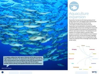 Aquaculture
expansion
“It is highly unlikely that wild capture fisheries will be able to produce
higher yields in the future. For aquaculture the opposite is the case. No
other food production sector has grown as fast over the past 20 years...
It [the industry] must now prove that large-scale fish farming is
possible without placing unacceptable demands on the environment.”
World Ocean Review
Aquaculture has become the fastest growing animal
protein sector and in 2014 global output overtook beef.
By 2030, almost two thirds of fish for human
consumption could be produced by the sector.
Aquaculture has the potential to contribute to healthy
sustainable diets and economic development due to the
nutritional qualities of its products and the potential for
efficient, low impact production. The development and
adoption of innovative systems could also relieve
pressure on sensitive natural habitats on land. However
significant technical, commercial and policy challenges
will need to be addressed in the coming decade to fully
realise the potential of this increasingly important global
protein sector.
Data
Aquaculture
Protein
Farming
Climate
Partnerships
Consumers
Packaging
Retail
Forecasting
Landscapes
Skills
Industry 4.0
Waste
Standards
25 TOPICSMENU CONCLUSIONSCONTENTS
 