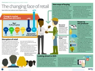 Tesco Asda Sainsbury’s Morrisons Lidl Aldi
Overview Redefining grocery retail models
‘Big4’
72.3%ofmarket
‘Discounters’
+9.6%ofmarket
Thechangingfaceofretail
The change in market share of discounters
has gone through the roof in three years, with
a rapid growth in new stores and changes in
shopper buying behaviours. For many new
entrants, online and mobile technologies
have provided the means to reach the
market. ‘Challenger brands’ are emerging
around convenience or around specific
issues, like locally sourced food. One
emerging player is FarmDrop which started
as a fresh produce click  collect offer but last
year raised nearly £750,000 to fund
expansion; they now deliver the same day
direct to customers.  
Established retail players are also entering
the mainstream food market, such as
Amazon. Their model allows consumers to
order groceries and products from local
restaurants and stores for same day delivery
all under AmazonPrime membership.
Whilst it is highly unlikely that the ‘Big 4’ will have
lost combined dominance by this date, their
market share is forecast to continue to be eroded
by the continuing, though slowing, rise in
‘discounters’ and ‘pound shops’. To drive scale,
consolidation is highly likely, particularly across
European retailers, such as seen with Ahold and
Delhaize, and by 2025 this trend could affect UK
retailers. Further expansion from disruptive
innovators is expected, taking advantage of
growing consumer desire for differentiation in the
areas of local sourcing, sustainability and
transparency, and powered by omnichannel and
new methods of delivery or collection.
Vertically integrated supply chains allow for more
direct control of costs and quality, as well as
improved traceability, as seen in Morrison’s
operating model. ASDA’s subsidiary IPL simplify the
supply chain and reduce cost. These approaches
will be increasingly adopted as they allow the
grower and retailer to have a closer relationship.
Collaborative groups such as Tesco’s Supplier
Network or Sainsbury’s farming groups accelerate
pure commercial activity and drive
sustainability benefits. These will be increasingly
essential in a future of climate change, resource
competition and increased scrutiny.
Over the next few years the trend will move
towards fixed and longer contract terms to
encourage greater collaboration and investment in
quality and efficiency. Cross border buying
alliances will be more typical in the UK, following
the commonly seen continental model.
Powerto
theproducer
The supply chain has undergone
significant change. Coupled with more
legislative oversight and the need to
secure volume in the light of increasing
overseas competition for food, this is
re-shaping the balance of power
between retailers and suppliers. The
Grocery Code Adjudicator has also
grown in strength leading to a greater
focus on compliance.
 Consolidation amongst producers
has increased and will continue leading
to fewer but far larger players, who
have a bigger voice both in negotiating
with their retail customers and in
influencing action and activities across
the supply chain. In the future, it is
conceivable that brands will bypass
retailers, and sell directly to consumers
through their own online platforms or
via other third parties.
Never before has traditional retail changed so quickly
Changeinmarket
sharefrom2012-2015
Disruptionofretail
Newwaysofbuying
Lookingaheadto2025
Win-win for
consumers
Households are hugely
benefiting from lower
prices as well as a never
before seen choice of
delivery options and
convenience of shop.
Short term-ism
danger
Unless checked, the
current razor sharp
focus on price from
some major retailers
could lead to dilution of
sustainability
programmes which in
turn would increase
supply chain risk, future
costs and possibly
alienate consumers.
More detail on the household’s
influence on retail in
Conscious food choices.
42 TOPICSMENU CONCLUSIONSCONTENTS
 