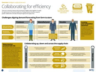 Cost of waste to UK food
manufacturers and grocery
and hospitality retailers
Overview Intelligent supply  demand
Collaboratingforefficiency
There are a myriad of reasons why businesses struggle to work together to supply
the right amount of food at the right time. Finding a solution therefore requires
greater collaboration and data sharing throughout the supply chain.
Challenges aligning demand forecasting from farm to store
Collaborating up, down and across the supply chain
Avoiding
anti-competitive
behaviour
Working up, down and across
the supply chain can potentially
result in anti-competitive
practices if not done carefully.
Better collaboration and clear
legal advice will be needed to
overcome these potential
barriers.
Balancinglean
practiceswithrisk
It is impossible to predict each and every factor
that will contribute to consumer demand in the
same timescales throughout a supply chain.
Production systems will always have a significant
delay between when they make growing
decisions and the sale of the grown output.
Implementing a more intelligent system
through the sharing of assumptions and
forecasts can play a crucial role in minimising
significant volumes of unnecessary waste,
however if companies become too focused on
the models they could find themselves exposed
to high prices or additional waste when
unexpected events occur, such as changing
market conditions, weather events, strategy
reviews.
When purchasing
decisions are made
Anticipating
Demand
Sharing
information
Ordering
Software
Tools
Key forecast
considerations
Emphasis in
forecasting
Producer
Worstcase
Bestcase
Production or orders based on
internal growth targets.
• Months to years in
advance of crop maturity
• Months in advance
of production
• Weeks in advance
of sales
• Security of sale
(e.g. contract requirements)
• Weather and climate impacts
• Input prices
• New product development
• Retail/consumer demand
• Consumer behaviour
• Weather events
• Competitor practices
• Land and resource availability
• Weather
• Global market conditions • Household demand
Sophisticated market analysis
incorporating customer spending
power, tastes, and external events.
Forecasts are developed in isolation by buying/trading
teams, information and assumptions are not shared
with suppliers, internal technical or marketing teams.
Coordinated plans are developed in
collaboration with suppliers, customers
and relevant business units.
Orders are ‘best guess’ and placed
without consideration of promotions,
discounting or sales performance.
Orders are based on real world information
to maximise sales at the desired price point.
No, or limited, use resulting in inventory management
challenges and/or frequent expedited ordering and
significant changes in orders.
Automated ordering and stock
management incorporating smart
forecasting and store delivery.
Manufacturer Retailer
8m£6.5bn
tonnes
food waste
Around 50% of
supply chain food
waste resides with
manufacturers.
Upto1/3
of UK retailers and suppliers
do not use weather data in
supply planning
58 TOPICSMENU CONCLUSIONSCONTENTS
 