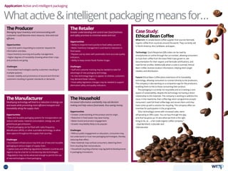 TheProducer
Managing input inventory and communicating with
customers could become more resource, time and cost
efficient.
Opportunities
• Less time spent responding to customer requests for
information and data.
• Input inventory sourcing and quality management.
• Higher degrees of traceability showing where their crops
and products are going.
Challenges
• Inconsistent technologies used by customers resulting in
multiple systems.
• Greater visibility and prominence of second and third tier
customers resulting in greater standards or demands.
TheManufacturer
Developing technology will lead to a reduction in energy use
and waste while promoting more efficient transport and
traceability along the supply chain.
Opportunities
• New and reusable packaging systems for transportation can
reduce solid waste, material consumption, energy use, and
greenhouse gas emissions.
• Transit packaging can be fitted with radio-frequency
identification (RFID), or other scannable technology, to allow
data capture throughout the supply chain journey.
Challenges
• Inconsistent infrastructure may limit use of new and reusable
packaging at various stages of supply chain.
• Capital costs and differing regulations between countries and
regions may be a barrier to introducing new technologies.
• Regulations may not be advanced enough to permit the use
of new technologies in food packaging.
TheRetailer
Greater understanding and control over food freshness
and safety promises to minimise waste and cost.
Opportunities
• Ability to respond more quickly to food safety concerns.
• Better inventory management could lead to reduction in
food waste.
• Replace use-by dates with potentially more accurate quality
indicators.
• Ability to keep certain foods fresher longer.
Challenges
• Staff and customer training may be needed to take full
advantage of new packaging technology.
• As new technology begins to appear on shelves, customers
may demand faster rollouts.
• Food safety legislation changes may be needed to support
alternative safety and quality indicators.
TheHousehold
Increased information availability may aid decision
making and help reduce food waste, thus saving money.
Opportunities
• Greater understanding of the product and its origin.
• Reduction in food waste may save money.
• Better brand and product engagement.
• Greater recyclability likely to be popular.
Challenges
• Without public engagement or education, consumers may
not understand or trust new packaging technologies, thereby
reducing their effect.
• New materials may confuse consumers, deterring them
from recycling their end products.
• Household recycling schemes may lag behind developments
in packaging innovations.
CaseStudy:
EthicalBeanCoffee
What is it A Canada-based coffee supplier that sources fairtrade,
organic coffee from countries around the world. They currently sell
in North America, the Caribbean, and Japan.
Technology Quick Response (QR) codes can be read by
smartphones or online through the Lot number, allowing consumers
to track their coffee from the exact field it was grown in, see
documentation for their organic and fairtrade certifications, and
read farmer profiles. Additionally when a code is scanned, Ethical
Bean Coffee receives location information, helping them target
retailers and distribution.
Future Ethical Bean Coffee plans extensions of its traceability
technology, allowing consumers to connect directly to the producers.
The company is also working on a companion app for the producers,
enabling them to link to those consuming their product.
The packaging is currently not recyclable and so is lacking a core
aspect of sustainability, despite the technology not having a direct
relationship to the materials. The company is working to address this
issue; in the meantime, their coffee bag return programme accepts
consumers’ used foil-lined coffee bags and stores them until they
have come up with a solution for recycling. The company offers an
incentive for participation in the programme.
“[Our technology] comes with increased sales, we’re
still growing at 30% a year. You can buy through the app,
and that has gone up. It’s also what we think is the right
thing to do, as … a fair trade organic coffee company.”
- Lloyd Bernhard, co-founder and
chief executive
Application Active and intelligent packaging
Whatactiveintelligentpackagingmeansfor…
64 TOPICSMENU CONCLUSIONSCONTENTS
 