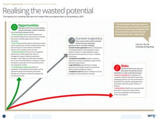 Risks
UK food and drink sector does not
fully exploit the potential of waste
valorisation to create circular food economy.
• Resource competition If competition for
renewable materials intensifies, it would raise
challenging questions over the prioritisation of
destinations (e.g. between energy generation,
animal feed, industries, growth medium, or
fertiliser).
• Contamination Health scares associated with
by-product contamination would reduce
consumer acceptability of techniques and
further slow adoption.
Current trajectory
There remains limited commercialisation
of advanced waste valorisation
approaches due to unresolved challenges.
• Limited market application Without unlocking the
‘Technology Readiness Level’ pathway from basic
academic research to market application, waste
valorisation has the potential to remain a relatively
niche activity.
• Variability  traceability Variable consistency,
composition, and poor traceability of waste hinders
valorisation opportunities.
• Legal definitions Legal definitions of waste,
by-products and residues impact the potential for
different waste management options.
• Compliance costs Regulatory compliance costs are
too large for small businesses to innovate.
Opportunities
New approaches to the commercialisation
of waste valorisation underpin the delivery
of a circular food economy in the UK.
• Decision support tools A suite of powerful and
user-friendly analytical tools and processes could help
businesses to identify opportunities for waste
valorisation.
• Data sharing Increased uptake of valorisation would
also be supported by real-time, spatially explicit, waste
data sharing across new networks and between
partners across multiple sectors and sites.
• Industrial symbiosis The use of more integrated
approaches to whole supply chain resource
management supports advanced valorisation
strategies. These might see collaborations between
two or more industrial facilities or companies in which
the wastes or by-products of one would become the
raw materials for another.
• Transdisciplinary approaches Maximum
exploitation of the potential of food waste could be
achieved through transdisciplinary approaches
drawing upon disciplines as diverse as engineering
and socio-economics.
Future trajectories Unlocking new value from waste
RealisingthewastedpotentialThe trajectory for unlocking new value from waste: Risks and opportunities on the pathway to 2025
Carol Lin, The City
University of Hong Kong
“The conversion of biomass waste to
bulk chemicals was found to be nearly
7.5 and 3.5 times more profitable than
the conversion to animal feed and
transportation fuel, respectively.”
67 TOPICSMENU CONCLUSIONSCONTENTS
 