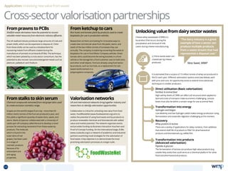 FromprawnstoPCBs
Shellfish waste derivatives have the potential to recover
valuable metal resources from electronic industry effluents.
The UK seafood industry produces large amounts of crab and
prawn shells, which can be expensive to dispose of. Chitin
from these shells can be used as a bioabsorbent for
recovering metals from effluent created during the
manufacture of printed circuit boards (PCBs). The technique,
which has been piloted by a cross-sector consortium, has the
potential to also recover rare and endangered metals such as
platinum, palladium and rhodium.
Fromstalkstoskinserum
Chemical compounds extracted from red grape skins used
to create exclusive cosmetics range.
Grapes are the world’s largest fruit crop - more than 65
million metric tonnes of the fruit are produced a year, and
this yields a significant quantity of waste skins, seeds, and
stems. Marks  Spencer collaborated with a University of
Leeds spin-off company called Keracol to develop a novel
process for extracting resveratrol from these waste by-
products. The molecule,
which is found in the
outer skins of red
grapes, has been used
in a range of
cosmetic products
because of its
antioxidant and
anti-aging
properties.
Fromketchuptocars
Rice husks and tomato plant by-products used to create
bioplastics for use in production vehicles.
Researchers at Heinz are looking for innovative ways to
create new commercial value from the peels, stems, and
seeds of the two million tonnes of tomatoes they use
annually. The company is exploring converting the waste to
bioplastics for use in Ford Motor Company vehicles. Dried
tomato skins could become the wiring brackets in a Ford
vehicle or the storage bin a Ford customer uses to hold coins
and other small objects. Ford are already using food sector
by-products, such as rice hulls, as a replacement for talc-
based reinforcement in a
polypropylene composite.
Valorisationnetworks
UK and international networks bring together industry and
researchers to identify valorisation opportunities.
Collaboration is critical for unlocking new value from food
waste. FoodWasteNet (www.foodwastenet.org) aims to
realise the potential of using food waste and by-products to
produce renewable chemicals and biomaterials with added
value and market potential. The network organises events
and provides funding via Business Interaction Vouchers and
Proof of Concept Funding. On the international stage, EUBis
(www.costeubis.org) is a network of academics and industrial
partners examining novel strategies for the valorisation of
food waste. A key objective is to demonstrate the most
promising valorisation processes at a larger scale.
Unlockingvaluefromdairysectorwastes
Application Unlocking new value from waste
Cross-sectorvalorisationpartnerships
Cheese whey wastewater (CWW) is a
by-product that occurs during the
precipitation and removal of milk
casein during cheese manufacturing.
Nina Sweet, WRAP
“The dairy industry is a great
example of how a sector can
produce multiple products
from a waste stream that had
represented a disposal cost.”
2.3 litres waste water are
created per kg cheese
produced.
It is estimated that a surplus of 13 million tonnes of whey are produced in
the EU each year. Different valorisation options exist (see below), each
with pros and cons. An opportunity exists to extend more advanced
techniques to smaller producers.
Direct utilisation (Basic valorisation)
Fertiliser  animal feed
High salinity levels of CWW can affect soil structure when applied to
land and costs of transport make economics challenging. Lactose
levels must also be within a certain range for use as animal feed.
Transformation into products
(Advanced valorisation)
Peptides  glucose
The fermentation of lactose can produce high value products (e.g.
volatile fatty acids) that could serve as a ‘chemical platform’ for other
food and pharmaceutical products.
Recovery
Whey proteins  lactose
There are a variety of applications for whey contents, from additives
that extend shelf life of products to ‘filler’ for pharmaceutical
products and biomaterials e.g. edible film.
Transformation into energy
Hydrogen and biogas
Low alkalinity and low hydrogen yields makes energy production using
fermentation and anaerobic digestion challenging at the moment.
68 TOPICSMENU CONCLUSIONSCONTENTS
 