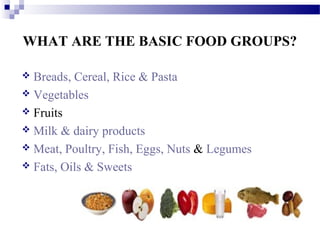 WHAT ARE THE BASIC FOOD GROUPS?
 Breads, Cereal, Rice & Pasta
 Vegetables
 Fruits
 Milk & dairy products
 Meat, Poultry, Fish, Eggs, Nuts & Legumes
 Fats, Oils & Sweets
 