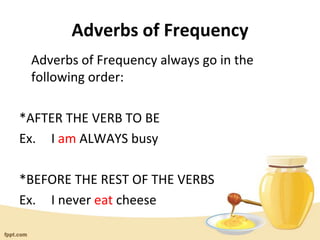 Adverbs of Frequency
Adverbs of Frequency always go in the
following order:
*AFTER THE VERB TO BE
Ex. I am ALWAYS busy
*BEFORE THE REST OF THE VERBS
Ex. I never eat cheese
 