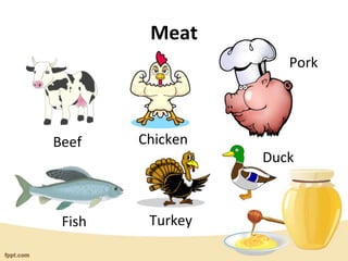 Meat
Beef Chicken
Pork
Fish Turkey
Duck
 