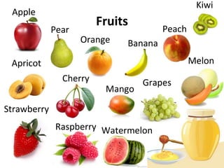 Fruits
Apple
Pear
Orange Banana
Peach
Kiwi
Apricot
Cherry
Mango
Grapes
Melon
Strawberry
Raspberry Watermelon
 