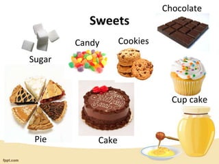 Sweets
Sugar
Candy Cookies
Chocolate
Pie Cake
Cup cake
 