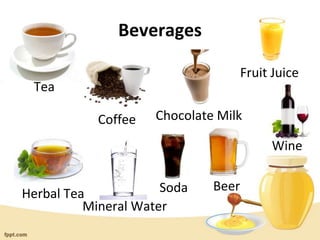 Beverages
Tea
Coffee Chocolate Milk
Fruit Juice
Herbal Tea
Mineral Water
Soda Beer
Wine
 