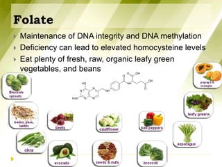 Folate
 Maintenance of DNA integrity and DNA methylation
 Deficiency can lead to elevated homocysteine levels
 Eat plenty of fresh, raw, organic leafy green
vegetables, and beans
 