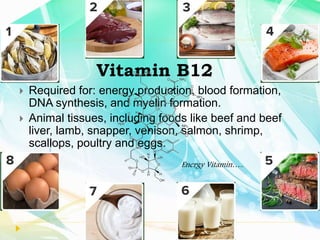 Vitamin B12
 Required for: energy production, blood formation,
DNA synthesis, and myelin formation.
 Animal tissues, including foods like beef and beef
liver, lamb, snapper, venison, salmon, shrimp,
scallops, poultry and eggs.
Energy Vitamin…..
 