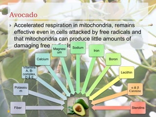 Avocado
 Accelerated respiration in mitochondria, remains
effective even in cells attacked by free radicals and
that mitochondria can produce little amounts of
damaging free radicals.
Fiber
Potassiu
m
Vitamins
A, B-
complex,
D & E
Calcium
Magnesi
um
Sodium
Iron
Boron
Lecithin
α & β
Carotene
Sterolins
 