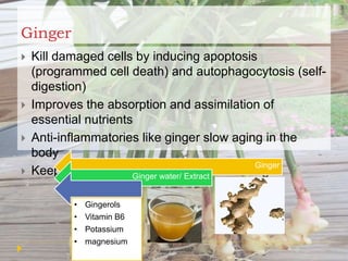 Ginger
 Kill damaged cells by inducing apoptosis
(programmed cell death) and autophagocytosis (self-
digestion)
 Improves the absorption and assimilation of
essential nutrients
 Anti-inflammatories like ginger slow aging in the
body
 Keeps joints mobile and circulation moving
Ginger
Ginger water/ Extract
• Gingerols
• Vitamin B6
• Potassium
• magnesium
 
