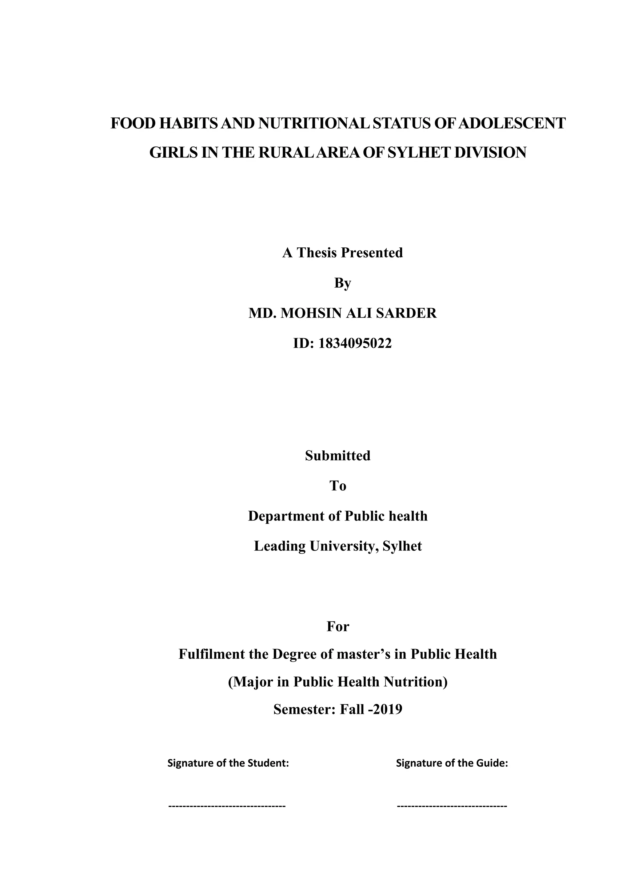 Food habits & nutritional status of adolescent girls in rural area of ...