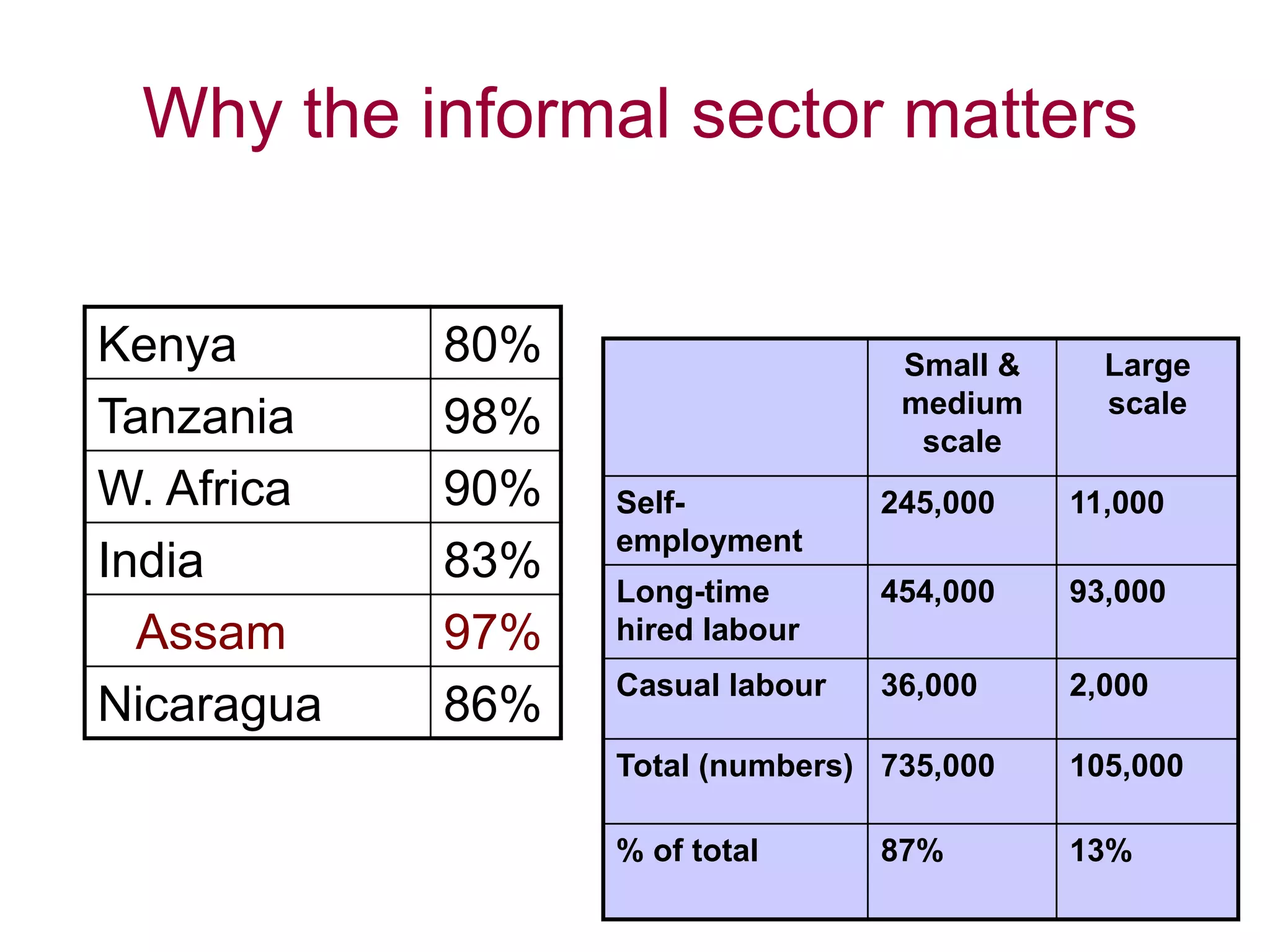6
Why the informal sector matters
Small &
medium
scale
Large
scale
Self-
employment
245,000 11,000
Long-time
hired labour
454,000 93,000
Casual labour 36,000 2,000
Total (numbers) 735,000 105,000
% of total 87% 13%
Kenya 80%
Tanzania 98%
W. Africa 90%
India 83%
Assam 97%
Nicaragua 86%
 