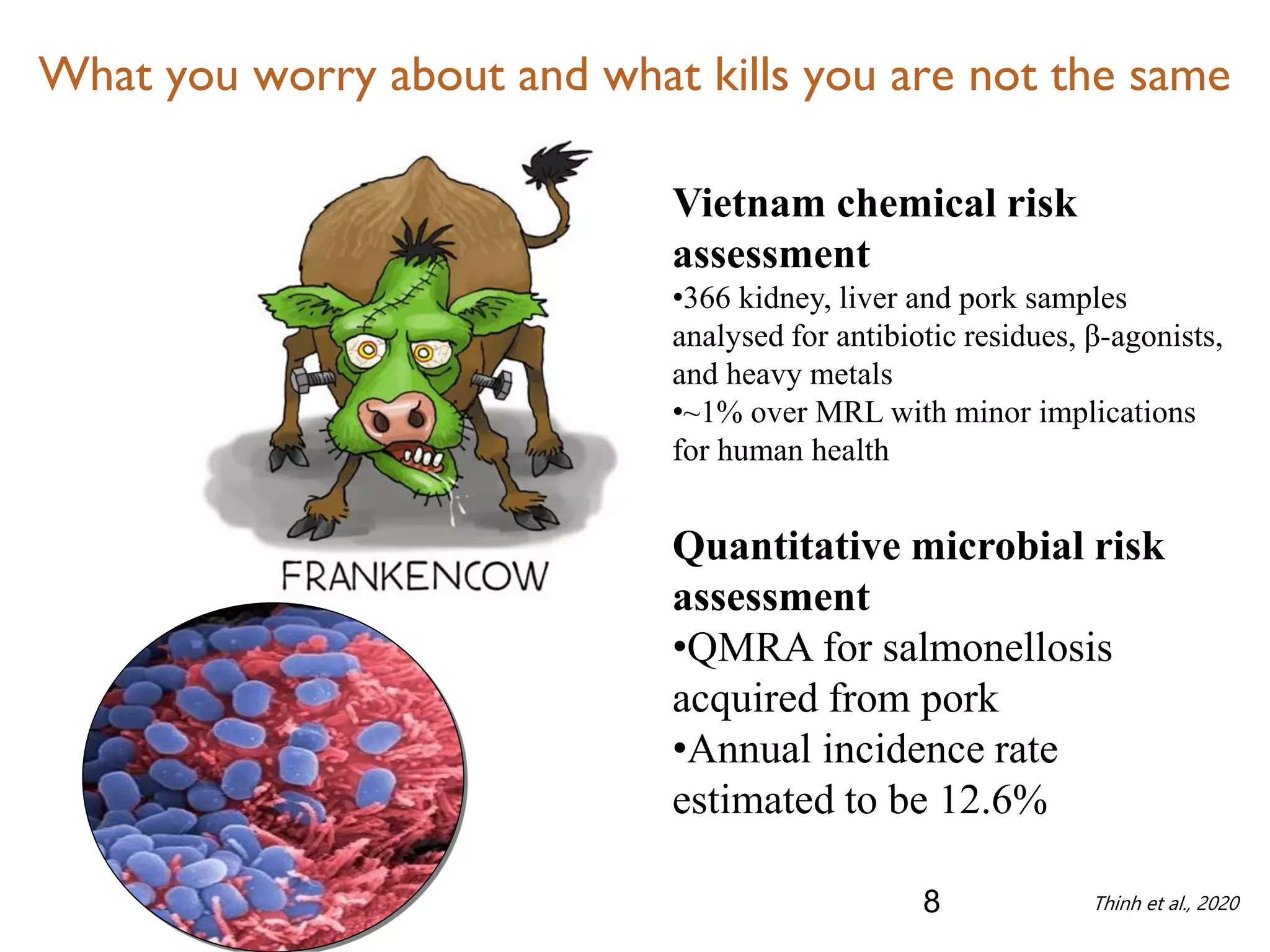 What you worry about and what kills you are not the same
8
Vietnam chemical risk
assessment
•366 kidney, liver and pork samples
analysed for antibiotic residues, β-agonists,
and heavy metals
•~1% over MRL with minor implications
for human health
Quantitative microbial risk
assessment
•QMRA for salmonellosis
acquired from pork
•Annual incidence rate
estimated to be 12.6%
Thinh et al., 2020
 