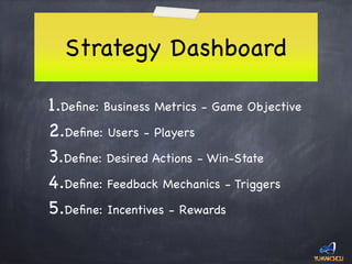 Strategy Dashboard
1.Deﬁne: Business Metrics - Game Objective

2.Deﬁne: Users - Players

3.Deﬁne: Desired Actions - Win-St...
