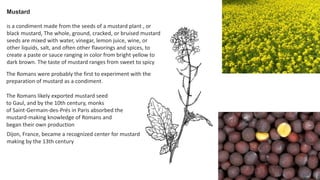 Mustard
is a condiment made from the seeds of a mustard plant , or
black mustard, The whole, ground, cracked, or bruised mustard
seeds are mixed with water, vinegar, lemon juice, wine, or
other liquids, salt, and often other flavorings and spices, to
create a paste or sauce ranging in color from bright yellow to
dark brown. The taste of mustard ranges from sweet to spicy
The Romans were probably the first to experiment with the
preparation of mustard as a condiment.
The Romans likely exported mustard seed
to Gaul, and by the 10th century, monks
of Saint-Germain-des-Prés in Paris absorbed the
mustard-making knowledge of Romans and
began their own production
Dijon, France, became a recognized center for mustard
making by the 13th century
 