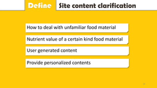 Site content clarificationDefine
How to deal with unfamiliar food material
Nutrient value of a certain kind food material
User generated content
19
Provide personalized contents
 