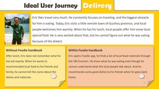 Idea Ideal User Journey y Delivery
Eric likes travel very much. He constantly focuses on traveling, and the biggest obstacle
for him is eating. Today, Eric visits a little remote town of Guizhou province, and local
people welcomes him warmly. When he has his lunch, local people offer him some local
special food. He is very excited about that, but he cannot figure out what he was eating
because of the dialect.
Without Foodie handbook
After lunch, Eric does not remember what he
has eat exactly. When he wants to
recommended local food to his friends and
family, he cannot tell the name about the
dishes and materials.
Within Foodie handbook
Eric opens Foodie app, he finds a lot of local food materials through
the LBS function. He knew what he was eating even though he
cannot understand what the local people talk about. And he
recommends some good dishes to his friends when he goes back
home.
27
 