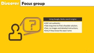 Discover Focus group
Using Google, Baidu search engine
•UGC not authentic;
•Take long time to find a feasible solution;
•Text, no images and detailed instructions;
•Only if they know the exact name
6
 