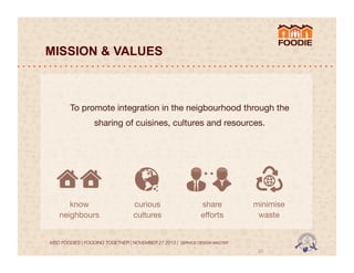 MISSION & VALUES

To promote integration in the neigbourhood through the
sharing of cuisines, cultures and resources.

know
neighbours

curious
cultures

share
eﬀorts

minimise
waste

MSD FOODIES | FOODING TOGETHER | NOVEMBER 27 2013 | SERVICE DESIGN MASTER	
  	
  

15	
  

 