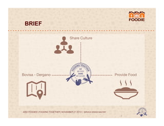 BRIEF
Share Culture

Bovisa - Dergano

Provide Food

MSD FOODIES | FOODING TOGETHER | NOVEMBER 27 2013 | SERVICE DESIGN MASTER	
  	
  

2	
  

 
