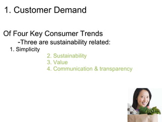 1. Customer Demand

Of Four Key Consumer Trends
    -Three are sustainability related:
  1. Simplicity
                  2...