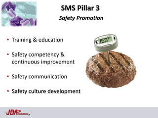 SMS Pillar 3
                    Safety Promotion


• Training & education

• Safety competency &
  continuous improvement

• Safety communication

• Safety culture development


    Solutions
 