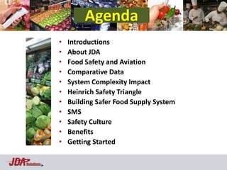 Agenda
            •   Introductions
            •   About JDA
            •   Food Safety and Aviation
            •   Comparative Data
            •   System Complexity Impact
            •   Heinrich Safety Triangle
            •   Building Safer Food Supply System
            •   SMS
            •   Safety Culture
            •   Benefits
            •   Getting Started

Solutions
 