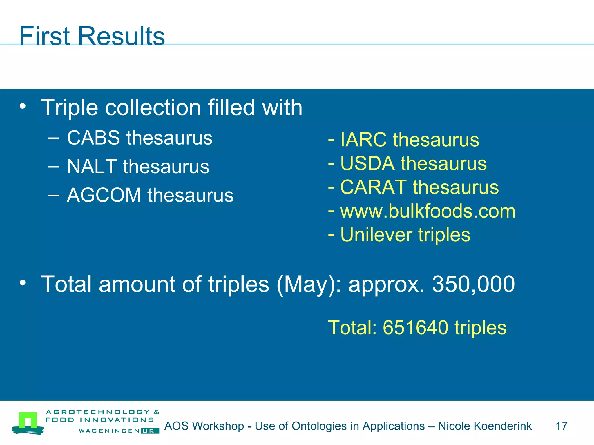 Triple collection filled with  CABS thesaurus NALT thesaurus AGCOM thesaurus Total amount of triples (May): approx. 350,000 First Results AOS Workshop - Use of Ontologies in Applications – Nicole Koenderink  Total: 651640 triples IARC thesaurus USDA thesaurus CARAT thesaurus www.bulkfoods.com Unilever triples 