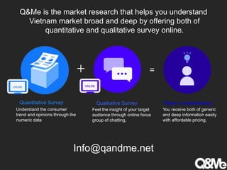 Q&Me is the market research that helps you understand
Vietnam market broad and deep by offering both of
quantitative and qualitative survey online.
＋ =
Info@qandme.net
Quantitative Survey Qualitative Survey Better Understanding
Understand the consumer
trend and opinions through the
numeric data
Feel the insight of your target
audience through online focus
group of chatting.
You receive both of generic
and deep information easily
with affordable pricing.
 
