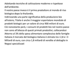 Adottando tecniche di coltivazione moderne e rispettose 
dell’ambiente.
Il nostro paese invece è il primo produttore al mondo di riso 
biologico dopo la thailandia.
Indirizzando una parte significativa della produzione bio 
all’estero, l’Italia è anche il maggior esportatore mondiale di 
prodotti biologici per un valore di circa 900 milioni di euro.
Ciò nonostante però, i consumi di prodotti bio nel nostro paese 
non sono all’altezza di questi primati produttivi, collocandosi
Attorno al 3% della spesa alimentare complessiva delle famiglie
Italiane.il mercato del biologico italiano è stimato tra i 2,8 e i 3 
Miliardi di euro, con circa 1,8 miliardi di vendite al dettaglio in 
Negozi specializzati
 