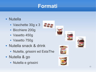 Formati

   Nutella
       Vaschette 30g x 3
       Bicchiere 200g
       Vasetto 450g
       Vasetto 750g
   Nutella snack & drink
       Nutella, grissini ed EstaThe
   Nutella & go
       Nutella e grissini
                                       12
 