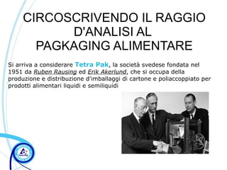 CIRCOSCRIVENDO IL RAGGIO
           D'ANALISI AL
       PAGKAGING ALIMENTARE
Si arriva a considerare Tetra Pak, la società svedese fondata nel
1951 da Ruben Rausing ed Erik Akerlund, che si occupa della
produzione e distribuzione d'imballaggi di cartone e poliaccoppiato per
prodotti alimentari liquidi e semiliquidi
 