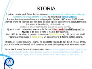 STORIA
 Il primo prodotto di Tetra Pak è stato un contenitore di cartoncino usato per
          conservare e trasportare il latte. Fu chiamato Tetra Classic.
   Ruben Rausing aveva lavorato sul progetto fin dal 1943 e nel 1950 aveva
 perfezionato la tecnica per rendere questo tipo di contenitore assolutamente
                      impenetrabile all’aria, utilizzando un
               sistema di rivestimento plastico della carta.
   Questi primi contenitori avevano la forma di tetraedri (solidi a quattro
                  facce) e da essi è nato il nome dell’azienda.
 Nel 1952 fu lanciato il primo contenitore Tetra Classic e, più tardi, nel 1963
    l’azienda introdusse il Tetra Brik, un contenitore di forma rettangolare.

 Il figlio di Ruben Rausing, Hans, ha condotto l’azienda dal 1954 fino al 1985,
portandola da una realtà di 7 persone ad una delle più grandi aziende svedesi.

Tetra Pak è stata fondata sul concetto che un imballaggio deve far risparmiare
    più di quanto costa, garantendo, grazie al confezionamento asettico, la
     possibilità di "spostare un bene alimentare nello spazio e nel tempo".
 