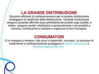 LA GRANDE DISTRIBUZIONE
   Soluzioni efficienti di confezionamento per la grande distribuzione
   proteggono la redditività della distribuzione. I prodotti confezionati
 vengono accertati affinchè siano perfettamente protetti sugli scaffali, e
  inoltre, vengono aiutati i distributori a personalizzare i loro prodotti a
     marchio, contribuendo a tutelare e migliorare la loro immagine.


                         CONSUMATORI
Ci si impegna a rendere i cibi sicuri e disponibili, ovunque. Le soluzioni di
    trattamento e confezionamento proteggono il valore nutrizionale e
                        l’aroma originale dei cibi.
 