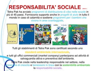 RESPONSABILITA' SOCIALE                                           (PARTE 1)


Tetra Pak ha avviato programmi di distribuzione di cibo nelle scuole in
più di 45 paesi. Forniscono supporto anche in progetti di aiuto in tutto il
  mondo in caso di calamità e sostiene programmi per i bambini che
                      vivono in aree svantaggiate.




      Tutti gli stabilimenti di Tetra Pak sono certificati secondo uno
                     standard ambientale internazionale,
 e tutti gli uffici commerciali (market company) partecipano ad attività di
                salvaguardia attiva e preventiva dell’ambiente.
     Tetra Pak crede nella leadership responsabile nel settore, nella
creazione di crescita e benessere in linea con la sostenibilità ambientale
                           la responsabilità sociale.
 