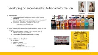 Developing Science-based Nutritional Information
• Hypotheses
• Products available in food deserts contain higher levels o...