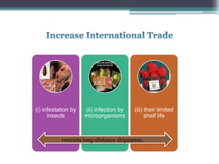 (i) infestation by
insects
(ii) infection by
microorganisms
(iii) their limited
shelf life
restricts long-distance shipments.
 