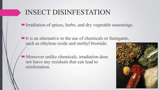 INSECT DISINFESTATION
Irradiation of spices, herbs, and dry vegetable seasonings.
It is an alternative to the use of chemicals or fumigants,
such as ethylene oxide and methyl bromide.
Moreover unlike chemicals, irradiation does
not leave any residuals that can lead to
reinfestation.

 
