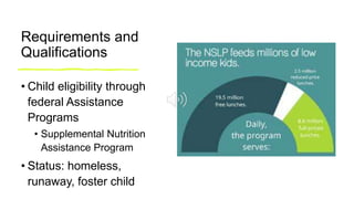 Requirements and
Qualifications
• Child eligibility through
federal Assistance
Programs
• Supplemental Nutrition
Assistance Program
• Status: homeless,
runaway, foster child
 