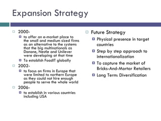 Expansion Strategy 2000-  to offer an e-market place to the small and medium sized firms as an alternative to the systems that the big multinationals as Danone, Nestle and Unilever were developing at that time To establish FoodIT globally 2002-  to focus on firms in Europe that were limited to northern Europe as they could not hire enough people to serve the whole world 2006-  to establish in various countries including USA Future Strategy Physical presence in target countries Step by step approach to internationalization To capture the market of Bricks-And-Mortar Retailers Long Term: Diversification 