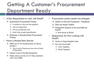 Getting A Customer’s Procurement Department Ready A Key Requirement to work with FoodIT Systemized Procurement Process In relation to who are the suppliers,  who are approved,  who are preferred, and  what is the product specification Outcome: A Standardized Procurement Process Forms a Market Entry Barrier SMEs not ‘In’ for Systemization of above process – Due to Lack of Resources, Know-how & Scale of Operations System in Use in the Big Companies Hence, Focus can be on 2-3 ‘big’ customers with a few SMEs Procurement system needn’t be changed Similar to Normal Procedures - Feedback Only be Made ‘Online’ Integration Support to be provided by FoodIT Both Onsite & Offsite Opportunity for Firm working with FoodIT: Access to Huge Supplier base Firm can have both: ‘ Core’ Suppliers ‘ Small’ Suppliers 