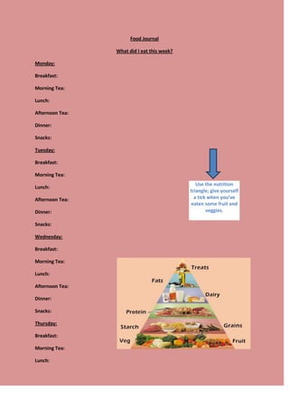 Food Journal

                 What did I eat this week?

Monday:

Breakfast:

Morning Tea:

Lunch:

Afternoon Tea:

Dinner:

Snacks:

Tuesday:

Breakfast:

Morning Tea:
                                                Use the nutrition
Lunch:
                                             triangle; give yourself
Afternoon Tea:                                 a tick when you’ve
                                             eaten some fruit and
Dinner:                                              veggies.

Snacks:

Wednesday:

Breakfast:

Morning Tea:

Lunch:

Afternoon Tea:

Dinner:

Snacks:

Thursday:

Breakfast:

Morning Tea:

Lunch:
 
