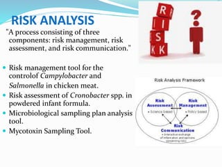 RISK ANALYSIS
"A process consisting of three
components: risk management, risk
assessment, and risk communication."
 Risk management tool for the
controlof Campylobacter and
Salmonella in chicken meat.
 Risk assessment of Cronobacter spp. in
powdered infant formula.
 Microbiological sampling plan analysis
tool.
 Mycotoxin Sampling Tool.
 